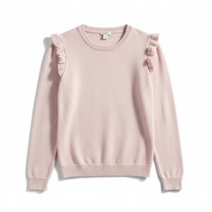 J Crew Sweater Womens Large Pink Ruffle Shoulder 100% Cotton Crewneck Pullover